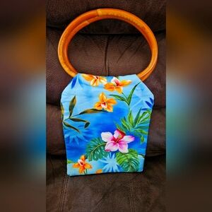 Floral Blue Handbag with Wooden Handle